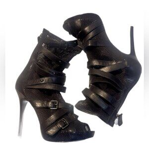 GUESS Black Leather & Mesh Strappy Stiletto Boots | Back Zip, Size 8.5